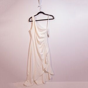 NEW Aqua Crepe One Shoulder Asymmetrical Ruffle Midi Ruched Dress White 8